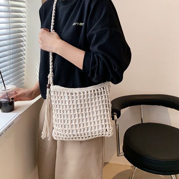 Boho Crossbody Retro Woven 70's Style Handbag - Ivory - NWT - Picture 7 of 9